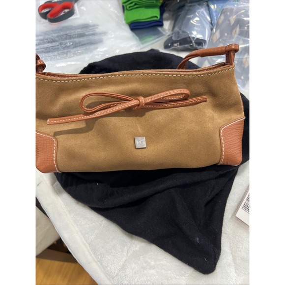 VTG PG Suede Leather Shoulder Bag Tan Brown Bow Accent Y2K Small Purse Designer - Picture 3 of 12